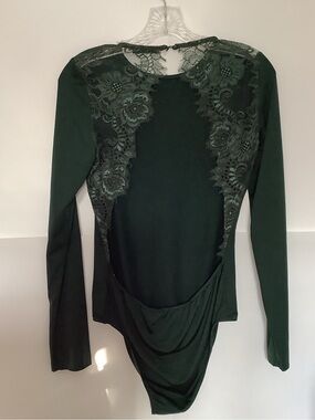 ⭐️ SHEIN Dark Green Long-Sleeve Open Lace-Back Bodysuit Size Large ⭐️